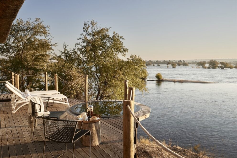 View of the Zambezi from the deck of the Victoria Falls River Lodge, a luxury safari accommodation