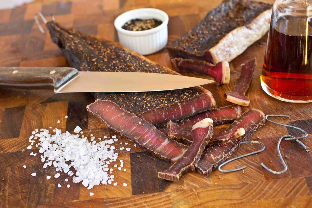 Biltong consists of quality meat that has been cured and ried with traditional spices
