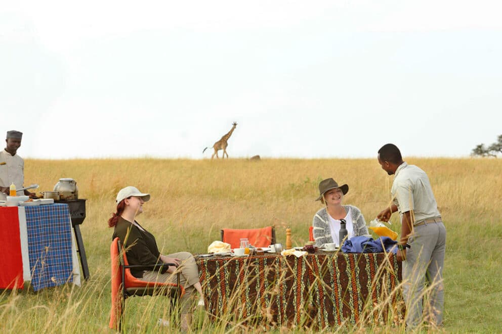 safari-goers in the bush of the Serengeti having breakfast
