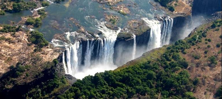 An aerial view of Victoria Falls which can be seen from Zambia and Zimbabwe