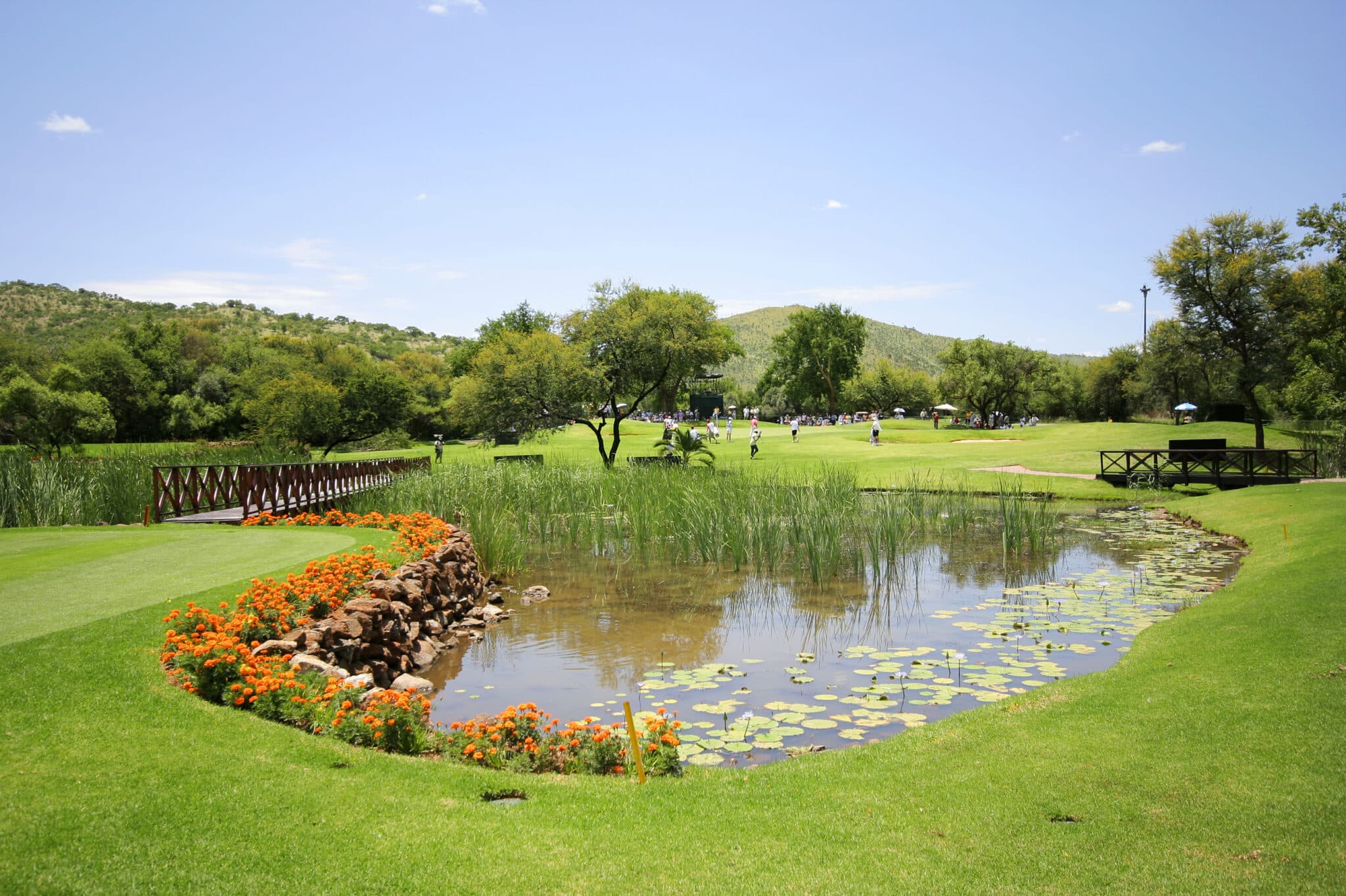 A panoramic view of this picturesque hole at The Gary Player Golf Course at Sun City, South Africa.
