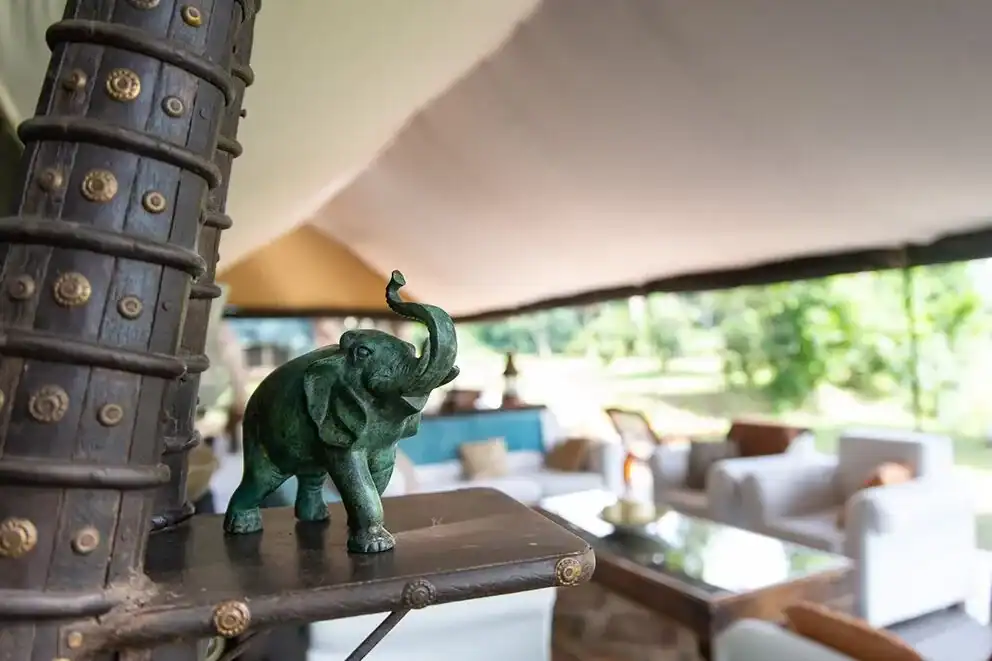 The lounge at Governor's Private Camp in Kenya, a luxury safari lodge.