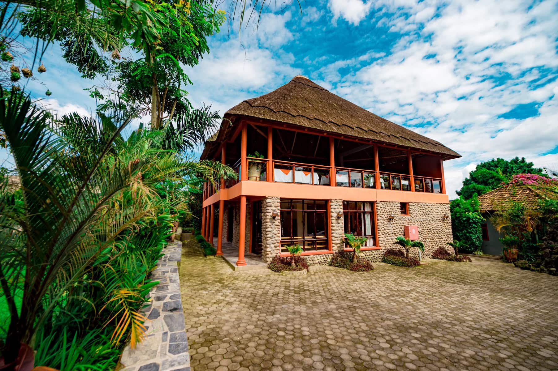 Exterior of Tiloreza Volcanoes Ecolodge. This is a great lodge to stay at when mountain gorilla trekking in Rwanda