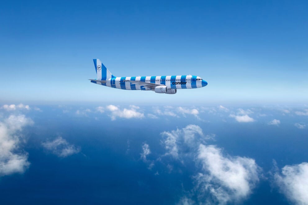 Blue and white striped airplane in the sku.