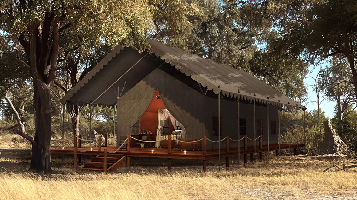 View of concept art for the Mbamba Campsite. The tent is suspended on a small wooden deck in the bush and surrounded by a few large trees.