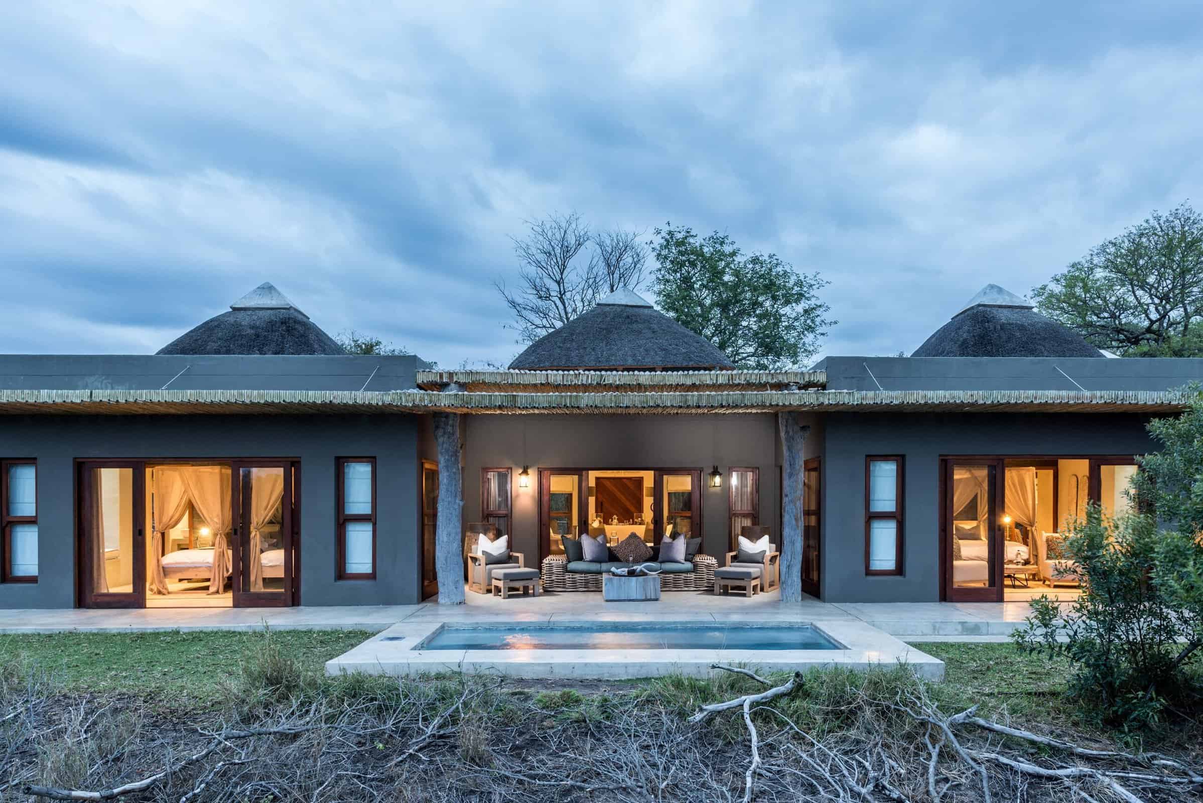 Exterior view of Sabi Sabi Bush Lodge on a grey afternoon
