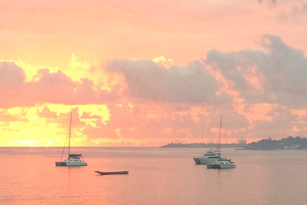Boats at anchor in Pemba Bay at sunset