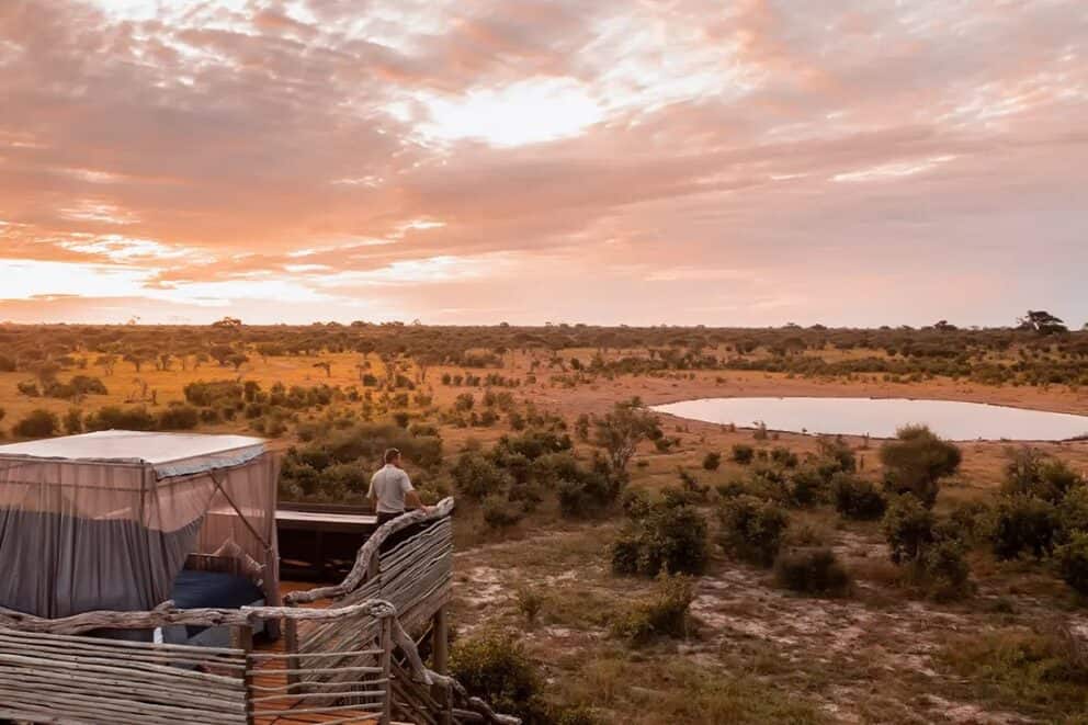 Star bed overlooking a waterhole in Khwai, Botswana