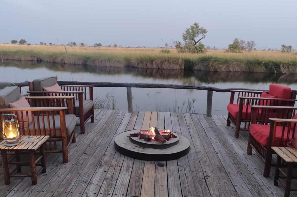 The deck of Camp Xakanaka Lodge. A Desert and Delta camp