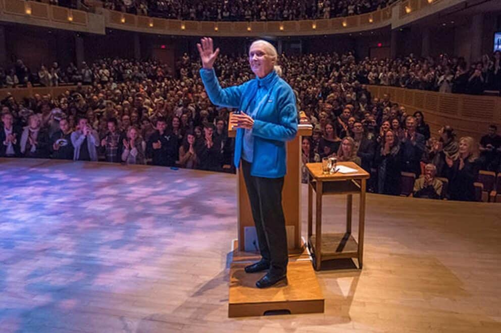 Jane Goodall at a lecture tour as part of her global advocacy