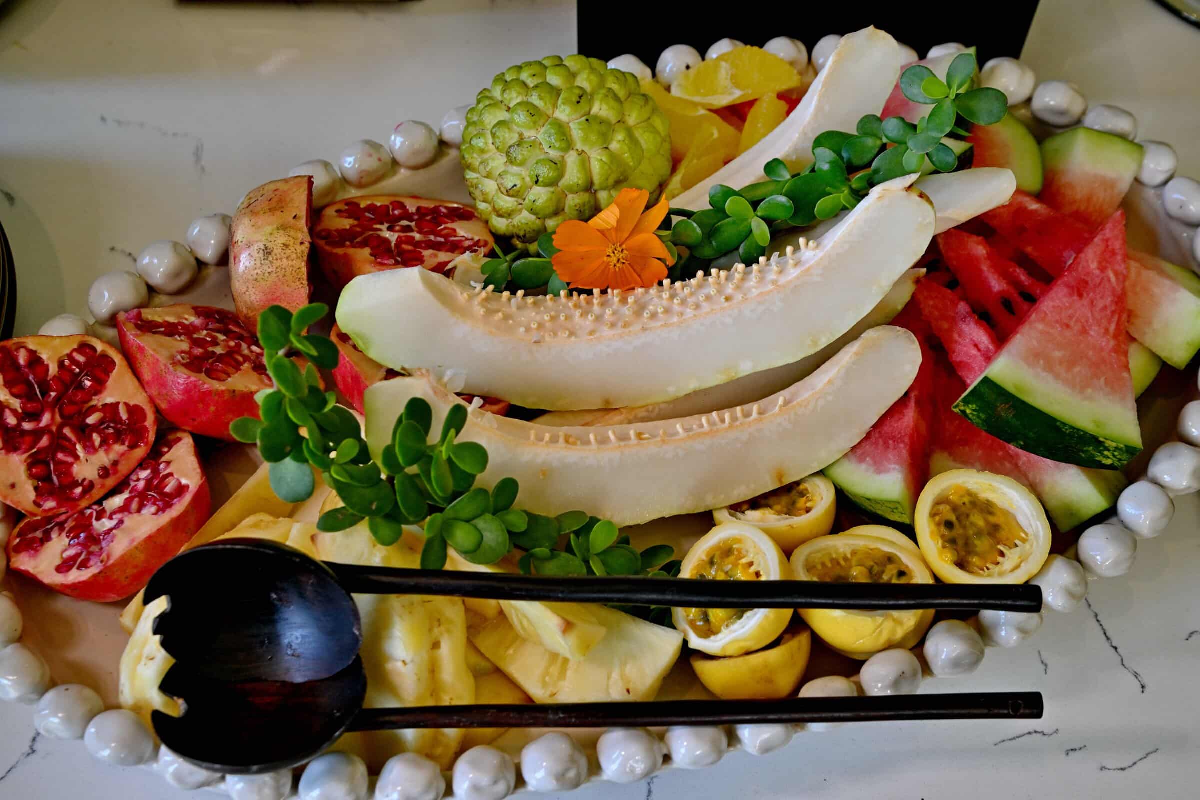 Fruit platter with a variety of fruit served at Mukwa River Lodge Zambia