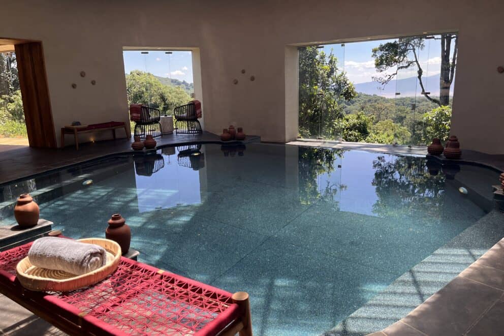The enclosed pool view a view of the wilderness at Lemala Osonjoi Lodge, Tanzania.