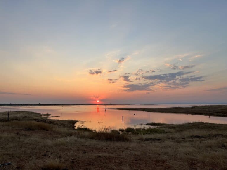 View of Lake Kariba at sunset in Zimbabwe.