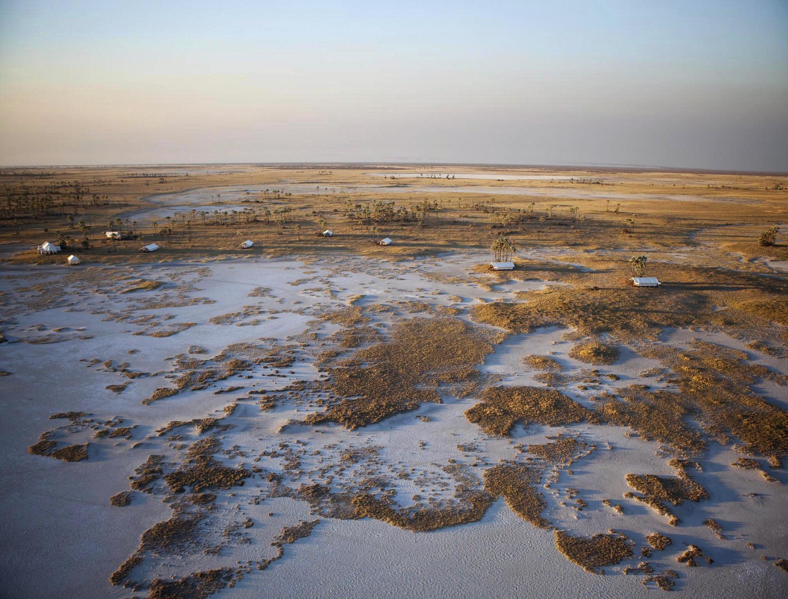 Aerial view of San Camp in Makgadikgadi Pans