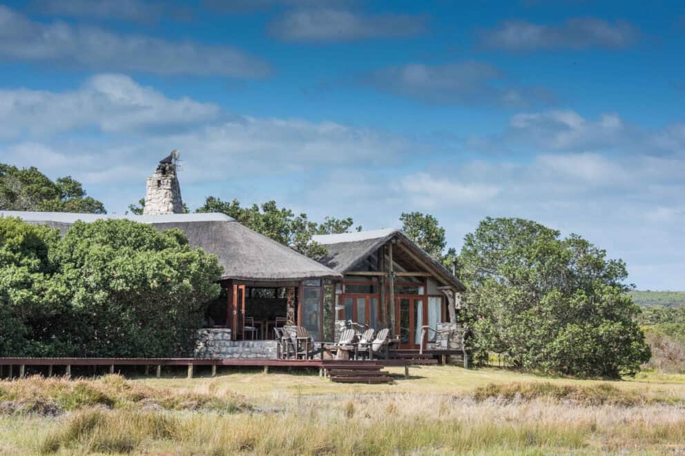View of Mosaic Lagoon Lodge in the reserve during spring season in South Africa