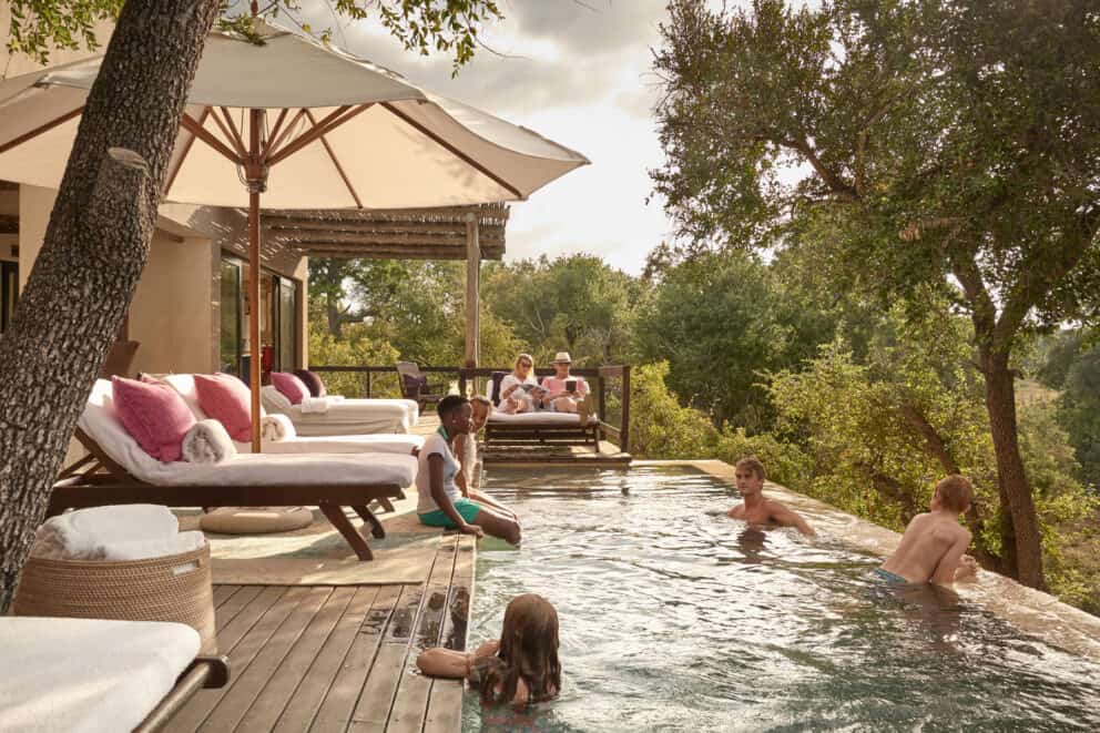 View of the deck and pool at the Royal Malewane, a luxury safari lodge