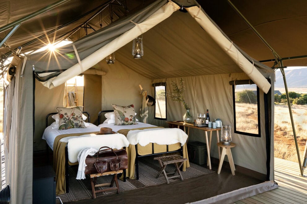 Guest tent at Mara Plains Camp, a luxury safari camp in Kenya.