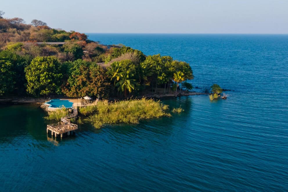 Aerial view of Blue Zebra Island Lodge for Malawi safari holidays