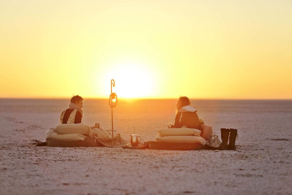Sleep out at sunrise at Meno a Kwena in Makgadikgadi Pans