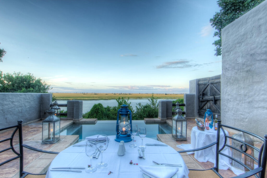 Private dinner for couples overlooking the Chobe River. This is perfect for a romantic Botswana honeymoon safari.